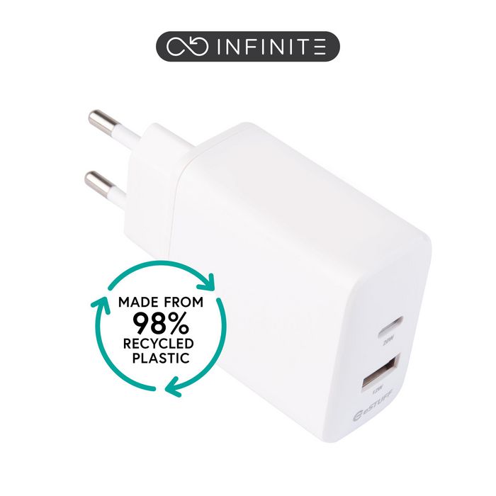 eSTUFF INFINITE USB-C PD 20W + USB-A 12W, EU Plug - White - 98% Recycled Plastic