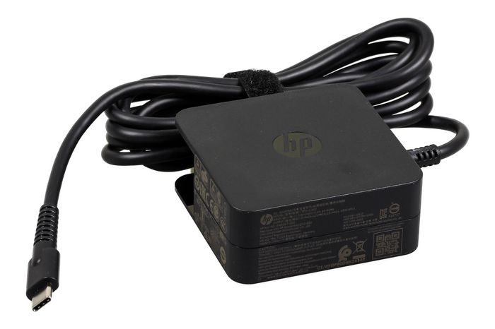 HP 45W USB Type-C AC adapter, designed for HP notebooks, with 5V/12V/15V DC output and wall-mount capability.
