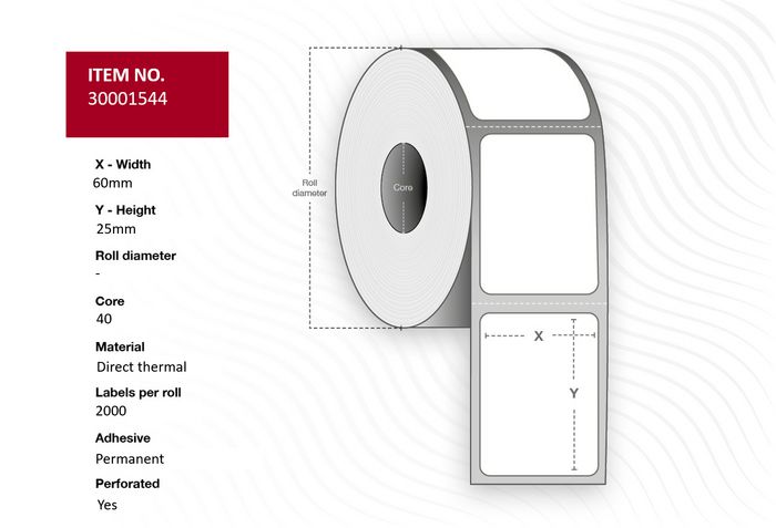 Capture Label 60 x 25 - Core 40. White. Uncoated. DT. Permanent. 2.000 labels per roll. 12 rolls per box